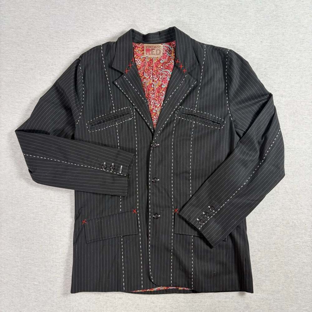 Vintage Red Men's Black Pinstripe Blazer with Contrast Stitching